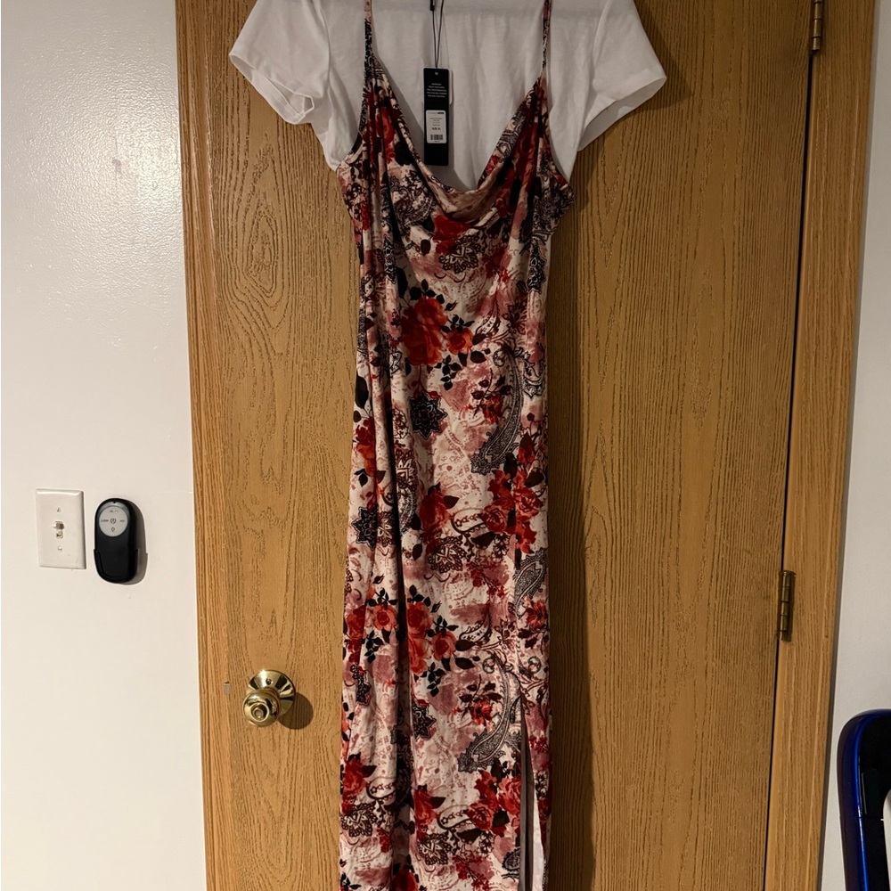 Fashion Nova Red and Cream Floral Cowl Maxi Dress